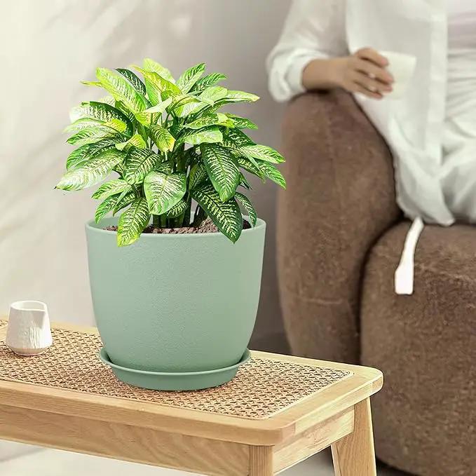 Large Plant Pots 12/10/9 inch, Set of 3 Modern Decorative Plastic Planters with Drainage Holes and Saucers, Flower Pots for Indoor Outdoor Plants, Green by GreenHaven Gardens