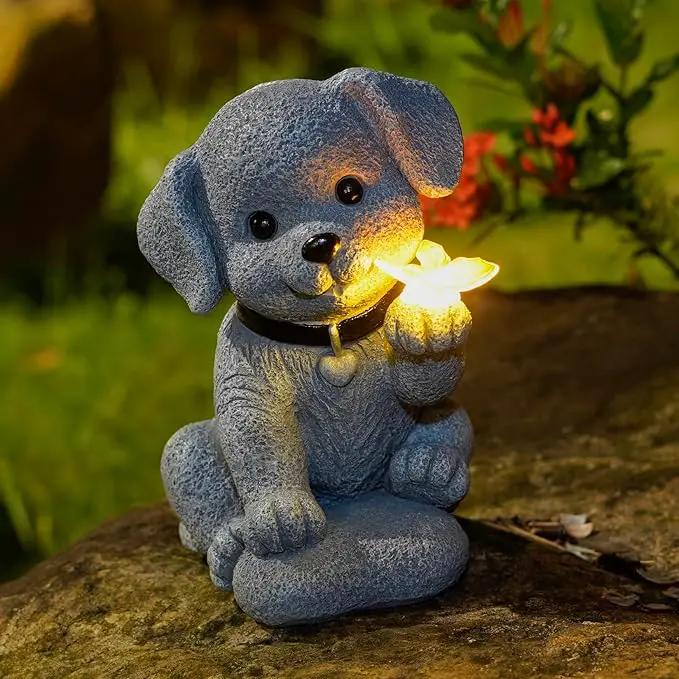Solar Dog Statue Garden Decor with Butterfly Light – Waterproof Outdoor Yard Art for Patio, Lawn, Balcony for Mother’s Day, Father’s Day, Housewarming, Mom, Dad, Grandma, Men, Women by GreenHaven Gardens