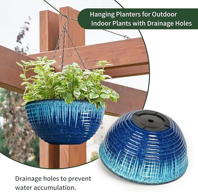 12 inch Hanging Planters for Indoor Outdoor Plants, 2 Pack Large Hanging Flower Pots with Drainage Holes and Chain, Glazed Hanging Baskets for Home Garden Decoration (Blue Flow Glaze) by GreenHaven Gardens