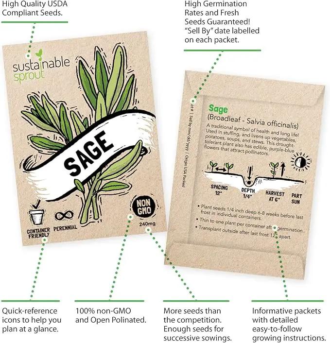 Culinary Herb Seeds Variety Pack: 10 Spice Herbs, Hydroponic Garden Indoors, Heirloom Planting Basil, Parsley, Sage, Thyme, Rosemary, Cilantro, Chives Dill Oregano, Summer Savory by Sustainable Sprout by GreenHaven Gardens