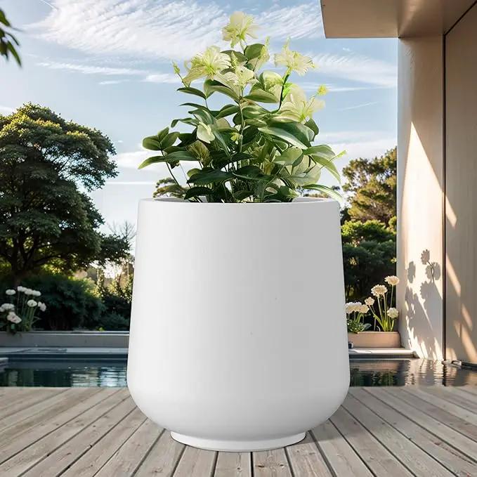 Kante 15.3" Dia Round Concrete Planter, Outdoor Indoor Large Plant Pots Containers with Drainage Hole and Rubber Plug for Home Garden Patio, Snow White by GreenHaven Gardens
