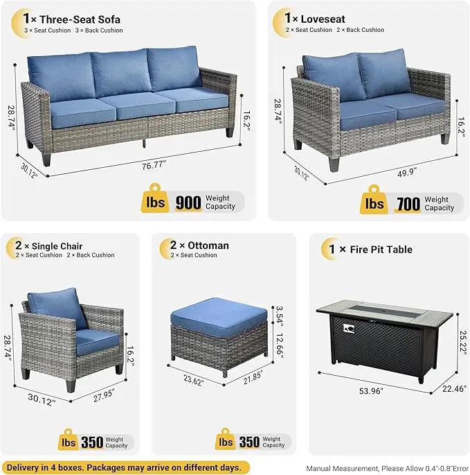 ovios 7 Pieces Patio Furniture Set with 54" Fire Pit Table, Outdoor Wicker Sofa with Comfy Cushions, All Weather High Back Rattan Couch Conversation Set, Denim Blue by GreenHaven Gardens