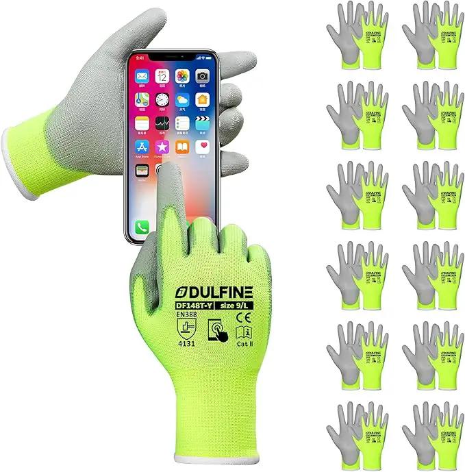 DULFINE Safety Work Gloves PU Coated for Men and Women-12 Pairs,Hi-Vis Seamless Knit Glove with Two Fingers Touchscreen,Ideal for General Duty Work (Large) by GreenHaven Gardens