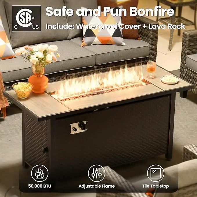 ovios 8 Pieces Patio Furniture Set with 54" Fire Pit Table, Outdoor Wicker Sofa with Comfy Cushions, All Weather High Back Rattan Couch Conversation Set, Dark Grey by GreenHaven Gardens