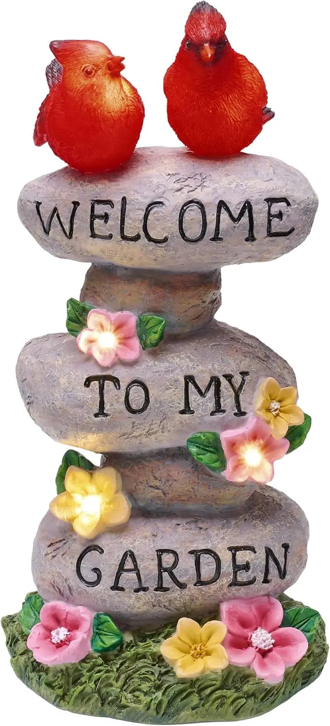 TERESA'S COLLECTIONS Garden Statues with Outdoor Solar Lights for Garden Decor, Cardinal Birds Welcome Yard Sign Rocks & Flower Resin Valentines Decorations, Gifts for Mom Yard Decor, 11" by GreenHaven Gardens