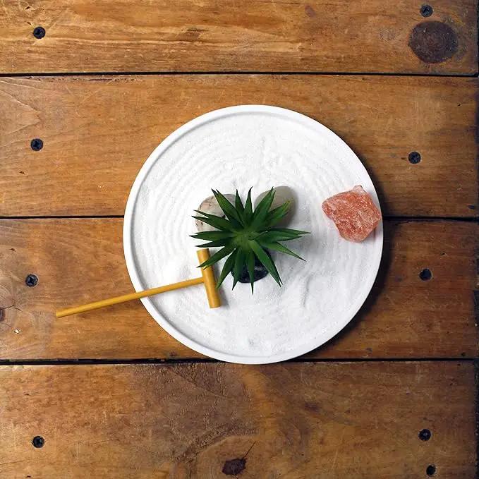 Nature's Mark Mini Zen Garden Kit for Desk with White Sand, Rake, White Base, Salt Rock and Air Plant (Round) by GreenHaven Gardens