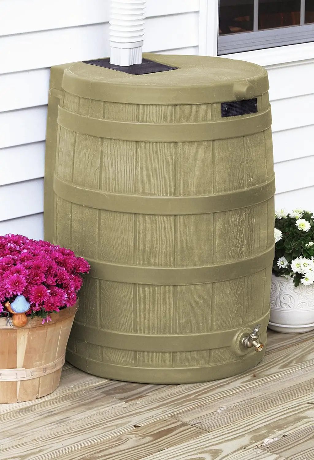 Good Ideas Rain Wizard 50 Gallon Plastic Rain Barrel for Outdoor Rainwater Collection and Storage Features Metal Spigot and Flat Back Design, Khaki by GreenHaven Gardens