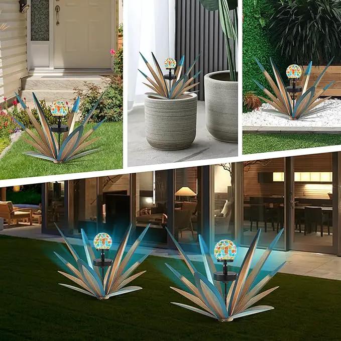 Enlarge Metal Plants Tequila Rustic Sculpture, Outdoor Patio Yard, Home Decor Hand Painted Agave Garden Statue, Outdoor Lawn Ornaments Yard Stakes for Mom Gift (2 Solar Blue) by GreenHaven Gardens
