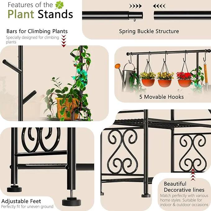 GIOTORENT Plant Stand Indoor Outdoor, 4-Tier Heavy Duty Metal Shelves, Display up to 17 Multiple Plants, Tall Plant Holder with Plant Hanger, Suit for Patio Living Room Garden Balcony, 5 Hooks, Black by GreenHaven Gardens