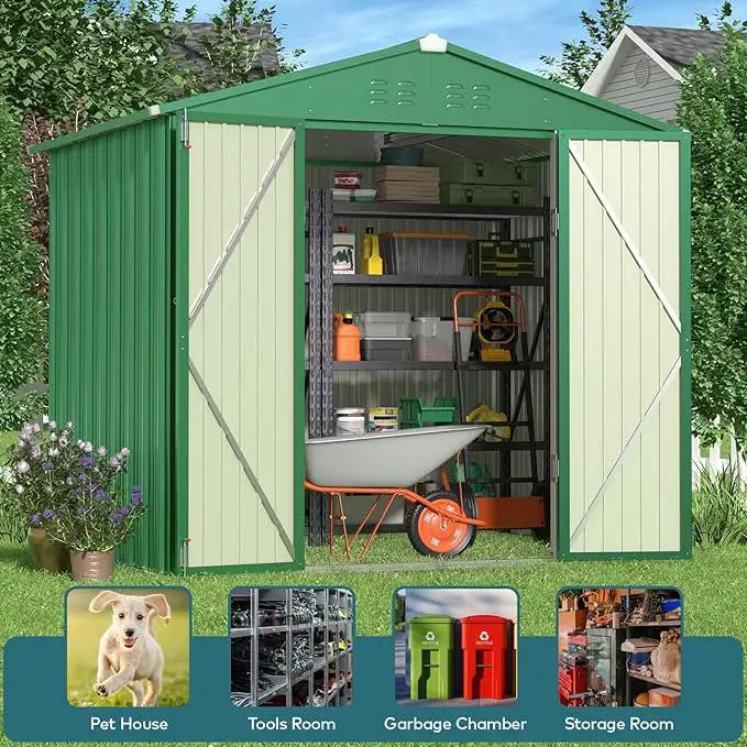 Gizoon Outdoor Storage Shed 8 x 6 FT, Galvanized Metal Garden Shed with Double Lockable Doors, Outdoor Storage Clearance for Backyard Patio Lawn-Green by GreenHaven Gardens