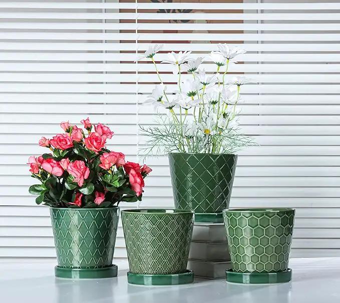 Plant Pots Indoor –5 inch Ceramic Flower Pot with Drainage Hole and Ceramic Tray - Gardening Home Desktop Office Windowsill Decoration Gift, Set of 4-Plants NOT Included (Patina) by GreenHaven Gardens