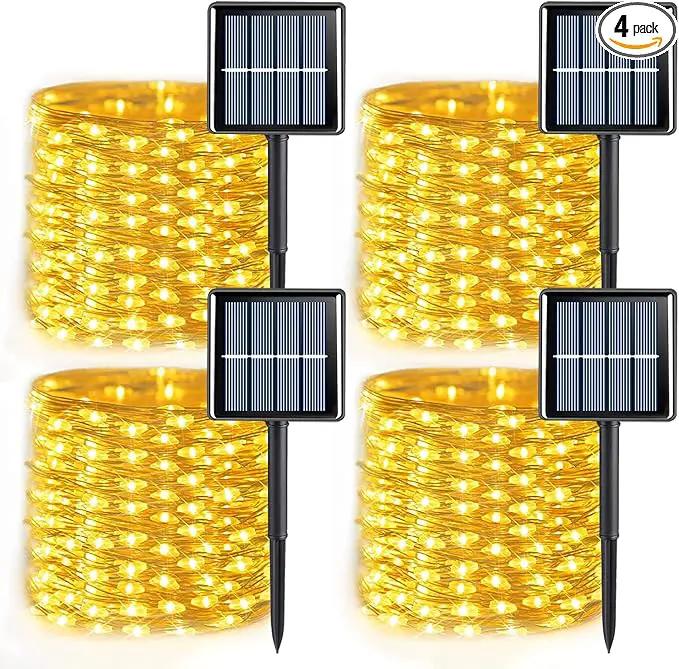 YEGUO Solar Fairy Lights Outdoor Waterproof, 4 Packs Each 33ft 100 LED String Lights Warm White, 8 Modes Silver Wire Twinkle Lights by GreenHaven Gardens