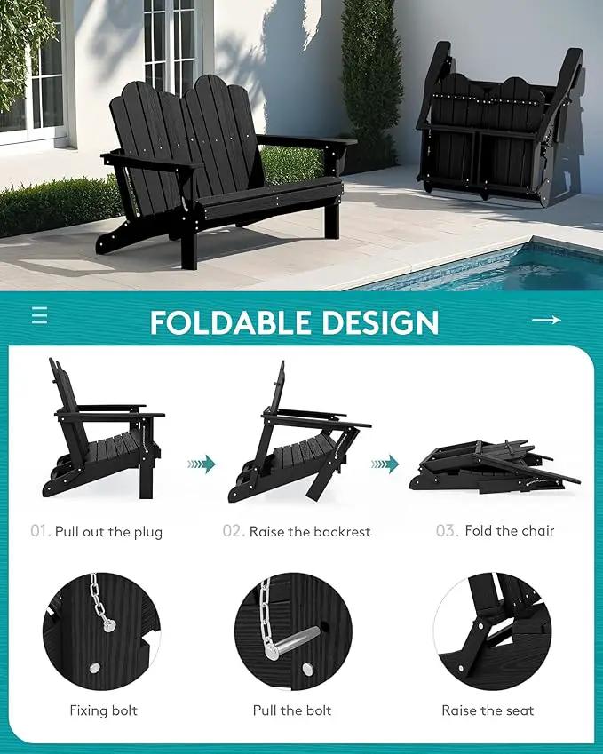 SERWALL 2 Person Adirondack Loveseat, HDPE All-Weather Folding Adirondack Bench Chair, Outdoor Adirondack Chair Set of 4, Black by GreenHaven Gardens