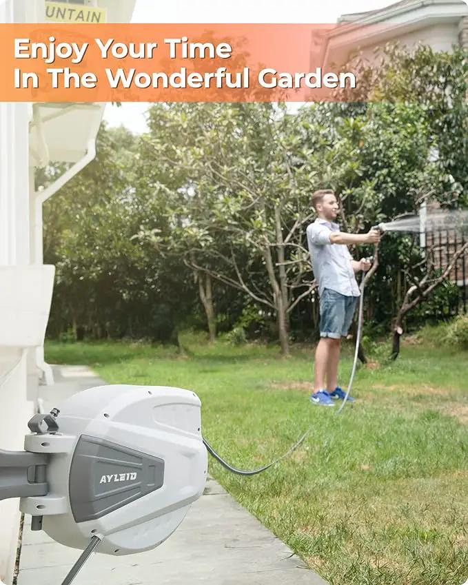 Ayleid Retractable Garden Hose Reel,1/2 in x 100 ft Wall Mounted Hose Reel, with 9- Function Sprayer Nozzle, Any Length Lock/Slow Return System/Wall Mounted/180°Swivel Bracket (Grey) by GreenHaven Gardens