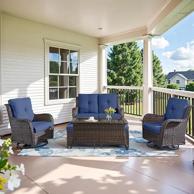 Wicker Outdoor Furniture Patio Furniture Set - 6 Piece Patio Conversation Set with Swivel Rocker Chairs, Loveseat Sofa, Ottomans and Coffee Table, Blue Cushion by GreenHaven Gardens