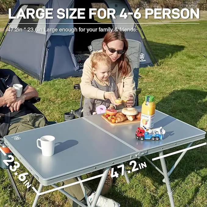 EVER ADVANCED Large Camping Table for 4-6 Person, Portable Folding Aluminum Table with Carrying Handle, Suitable for BBQ, Picnic, Camping and Indoor Use, Support up to 130LBS, Silver by GreenHaven Gardens