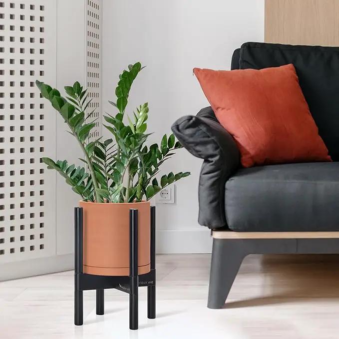 D'vine Dev Terracotta Planter with Ebony Stand - 8 Inch Modern Round Flower Pot with Wood Planter Holder, Terracotta, 55-B-M-5 by GreenHaven Gardens