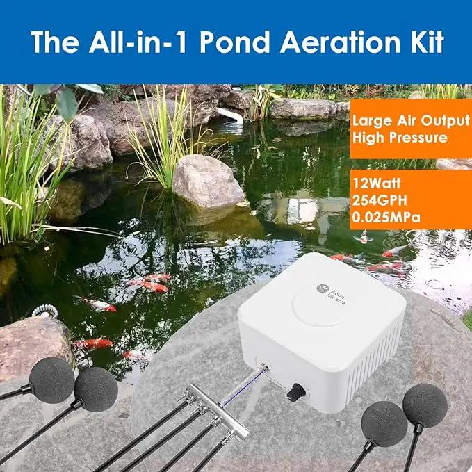 AquaMiracle Pond Aeration Kit Pond Air Pump Koi Pond Aerator for Pond up to 3000 Gallons Pond Deicer All-in-One Pond Aeration System with 4-Outlet Airline Tubing Air Stones Check Valves by GreenHaven Gardens