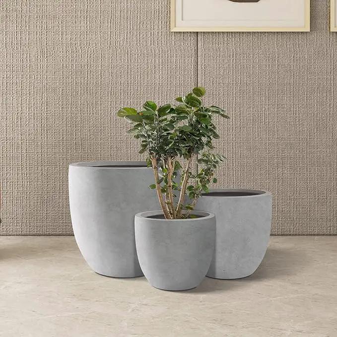 Kante 18",14",10" Dia Concrete Round Planters (Set of 3), Outdoor Indoor Large Planter Pots with Drainage Hole and Rubber Plug for Home Patio Garden, Natural Concrete