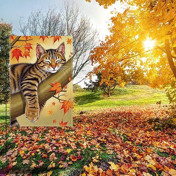 Fall Garden Flag Autumn Cat Garden Flag 12x18 inch Double Sided Fall Thanksgiving Maple Leaves Holiday Flags Decorations for Yard Outdoor Porch (Flay 1805) by GreenHaven Gardens