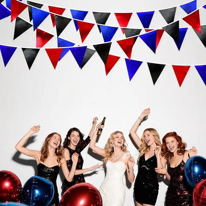 Navy Blue Red Black Party Decorations Metallic Fabric Triangle Pennant Banner Flag Bunting Garland for Graduations Birthday Retirement 4th of July USA Patriotic Veterans Party Decorations Supplies by GreenHaven Gardens