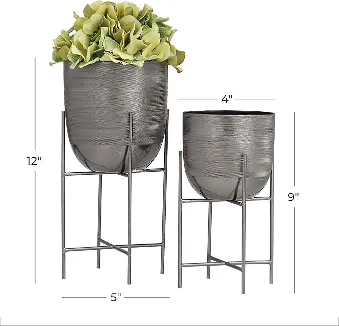 Deco 79 Metal Indoor Outdoor Planter Small Planter Pot with Removable Stand, Set of 2 Planters 12", 9"H, Gray by GreenHaven Gardens