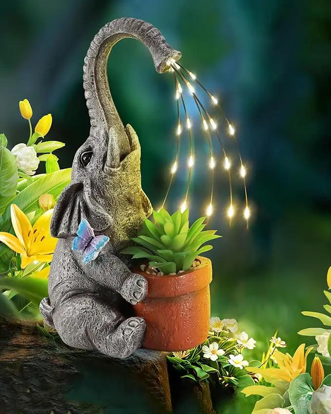 iStatue Solar Elephant Figurine with Succulent Plant Pot - 11'' Hand-Painted Lifelike Resin Lawn Ornaments Statue for Yard Art Garden Decor Gifts (Elephant) by GreenHaven Gardens