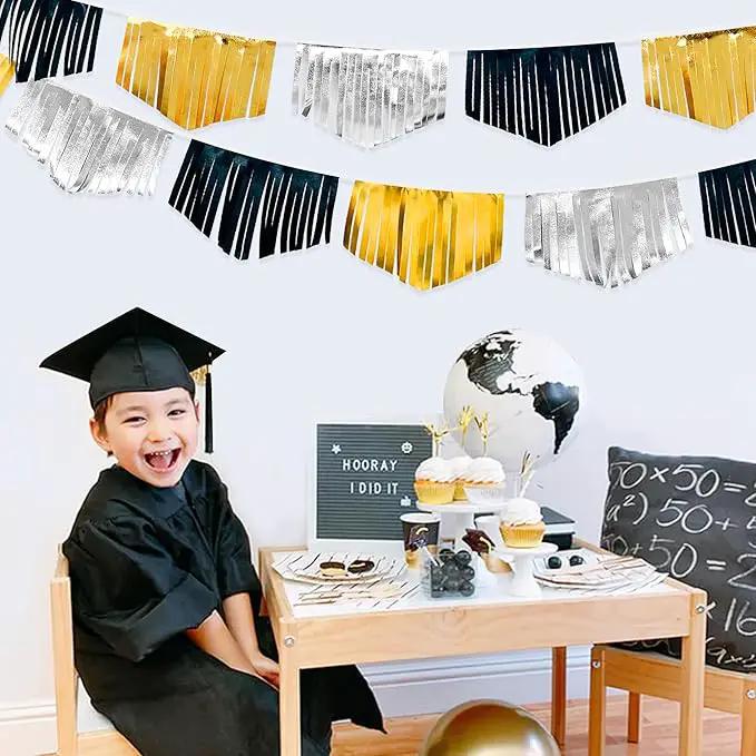 Black Silver Gold Tassel Banner Double Sided Metallic Fabric Pennant Bunting Flag Garland for Graduation Birthday Anniversary Bachelorette Engagement Wedding Bridal Shower Party Decorations Supplies by GreenHaven Gardens