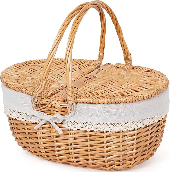 Happypicnic Wicker Picnic Basket with Handle, 15" Large Empty Picnic Basket with Lid & Removable Liner, Vintage Hand Woven Basket for Picnics, Camping, Veg Picking, Mother's Day, Thanksgiving (Solid) by GreenHaven Gardens