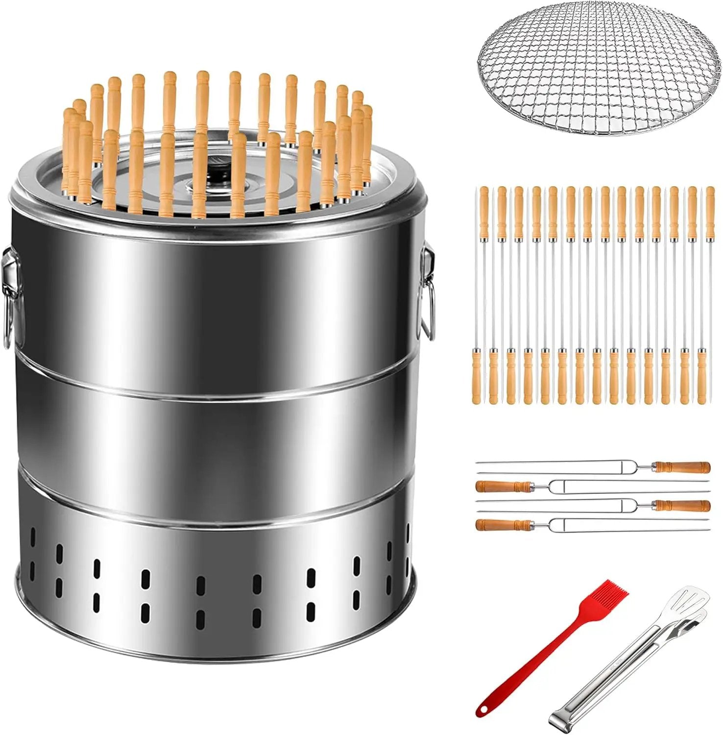 Stainless Steel Smokeless Barbecue Surround Charcoal Grill, Portable kebabs Charcoal Grill with Grilling Accessories Set, Diameter 15.4 inch/28 Kabob Skewer by GreenHaven Gardens