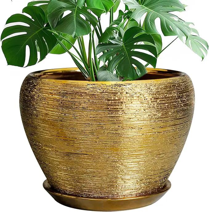 Ceramic Planter 10 Inch - Indoor Plant Pot with Drainage Hole and Saucer Large Decorative Planter Mid-Century Modern Flower Pot Outdoor for Home Decor Gold by GreenHaven Gardens