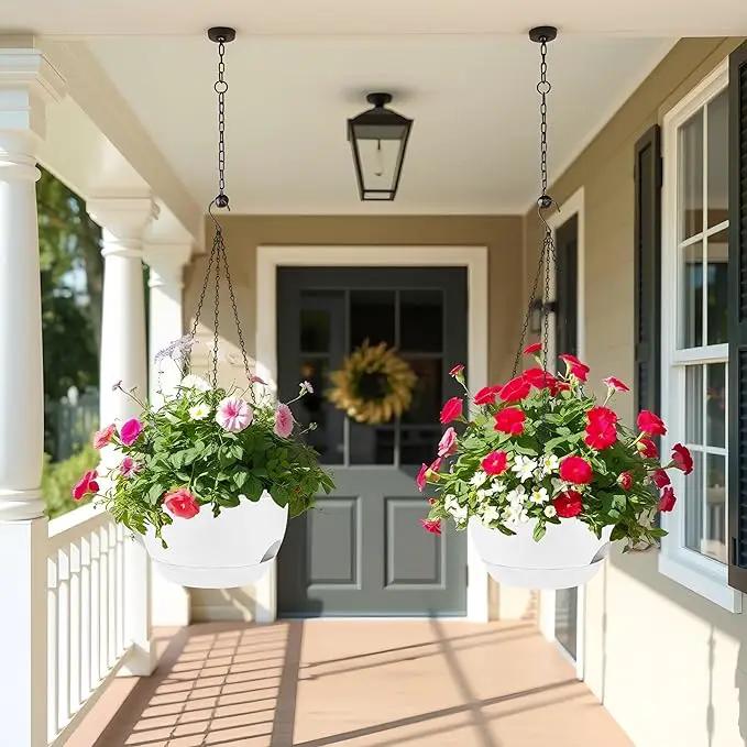 2 Pack 12 Inch Large Hanging Planters with Chains Self Watering White Plastic Hanging Pots for Indoor Outdoor Plants, Garden Porch Home Decor，White by GreenHaven Gardens