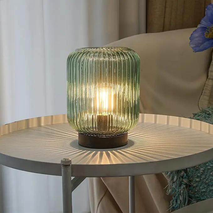 Battery Operated Lamp, Cordless Table Lamps for Home Decor, Battery Powered Nightlight with LED Bulb, Decorative Glass Beside Lamp for Bedroom Living Room-Green by GreenHaven Gardens