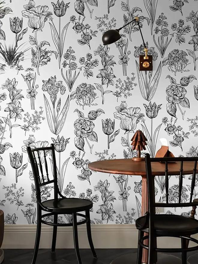 Dimoon 78.7"x17.3" Floral Peel and Stick Wallpaper White Contact Paper Waterproof Black Lines Wallpaper Vintage Flower Thicken Plant Self Adhesive Removable Wall Covering Shelf Liner Decal Vinyl Roll by GreenHaven Gardens