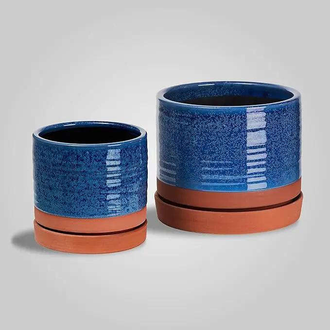 6 + 8 Inch Plant Pots, Ceramic Planter Pot with Drainage Hole & Saucer, Indoor/Outdoor Cylinder Round Planter Pot, Aqua Blue & Terracotta by GreenHaven Gardens