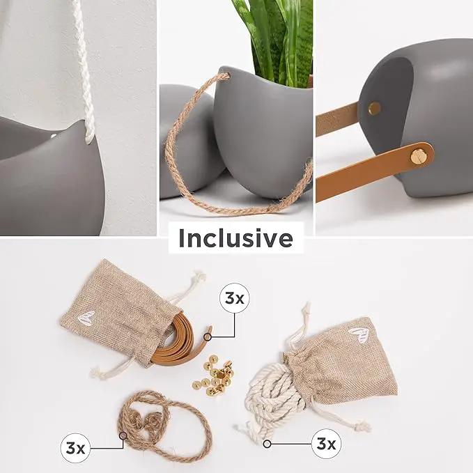 Wall Planters -Ellie- | Hanging Ceramic Plant Pots 3 Pieces | Wall Decoration for Indoors, Balcony and Garden | Grey (Matte) by GreenHaven Gardens
