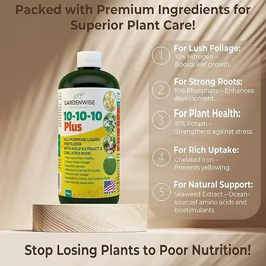 10-10-10 Fertilizer for All Purpose Plants - Liquid Fertilizer with Seaweed Kelp & Iron - Plant Food Outdoor & Indoor Plant Food, Vegetables, Flowers, Lawn & Garden 10 10 10 Fertilizer 32oz by GreenHaven Gardens