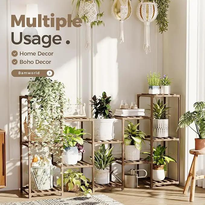 Bamworld Large Plant Shelf Outdoor Wood Plant Stand Large Rack for Living Room Patio, Balcony and Garden by GreenHaven Gardens