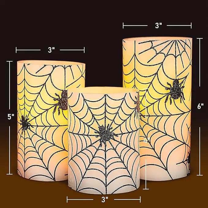 Spider Web Decor Flameless Candles Battery Operated with Remote Timer Haunted House Spooky Decorations Set of 3 Real Wax Black LED Flickering Candles Decorative for Halloween Decor Party by GreenHaven Gardens