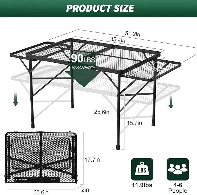Folding Table with 2 Wing Panels, 3x2 FT Camping Table with Mesh Desktop,Height Adjustable Folding Grill Table with Mesh Bag,Portable Outdoor Table for Picnic,Camping,BBQ,Beach(Black) by GreenHaven Gardens