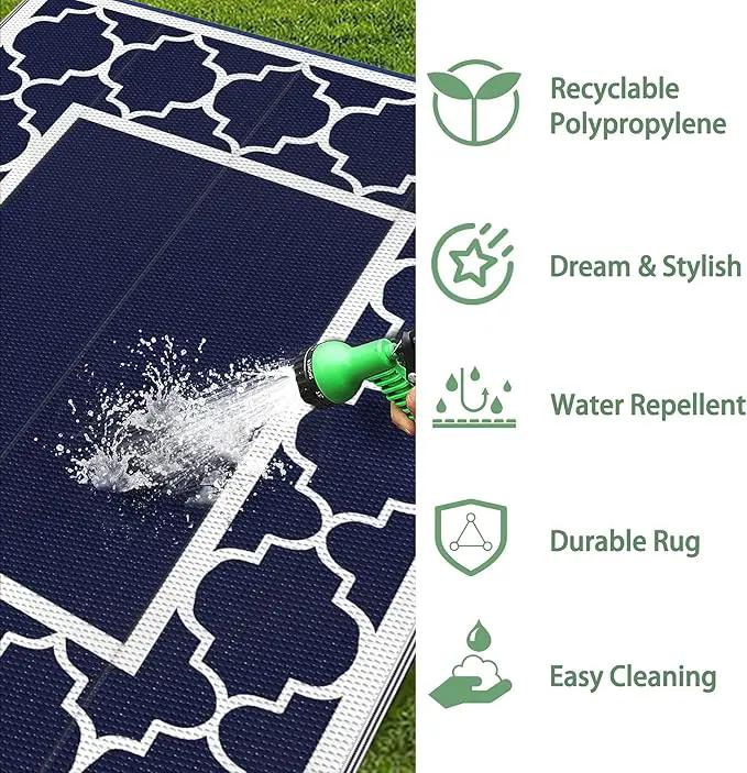 GENIMO 3' x 5' Outdoor Rug Waterproof for Patio Decor, Foldable Reversible Plastic Straw Area Rugs Mat for Camper, Outside Carpet for Rv, Deck, Porch, Picnic, Beach, Balcony, Blue & White by GreenHaven Gardens
