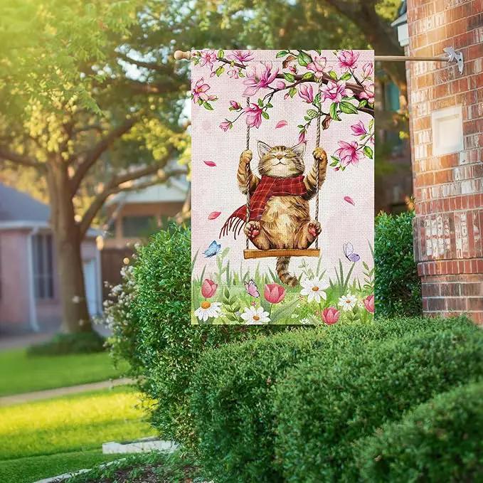 Heyfibro Spring Cute Cat Welcome Garden Flag 28x40 Inch Double Sided Burlap, Summer Magnolia Butterfly Flower Floral Yard Banner for Seasonal Holiday Farmhouse Outdoor Decor(ONLY FLAG) by GreenHaven Gardens