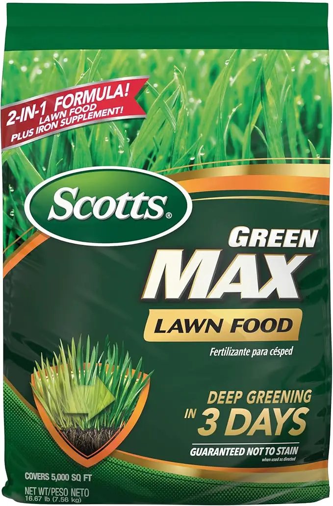 Scotts Green Max Lawn Food, Lawn Fertilizer Plus Iron Supplement for Greener Grass in 3 Days, 5,000 sq. ft., 16.67 lbs. by GreenHaven Gardens