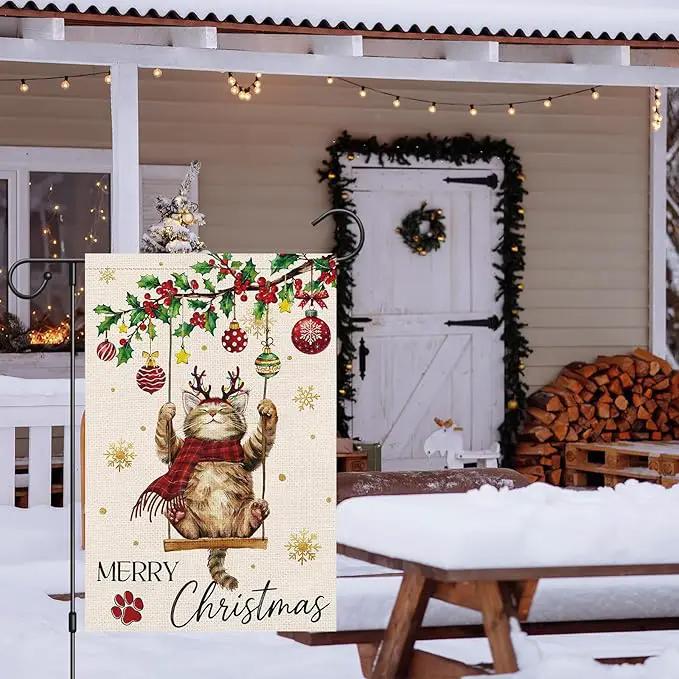Heyfibro Merry Christmas Cute Cat Swing Garden Flag 12x18 Inch Double Sided Burlap, Retro Christmas Ball Snowflake Yard Banner for Winter Holiday Xmas Seasonal Outdoor Decoration(ONLY FLAG) by GreenHaven Gardens