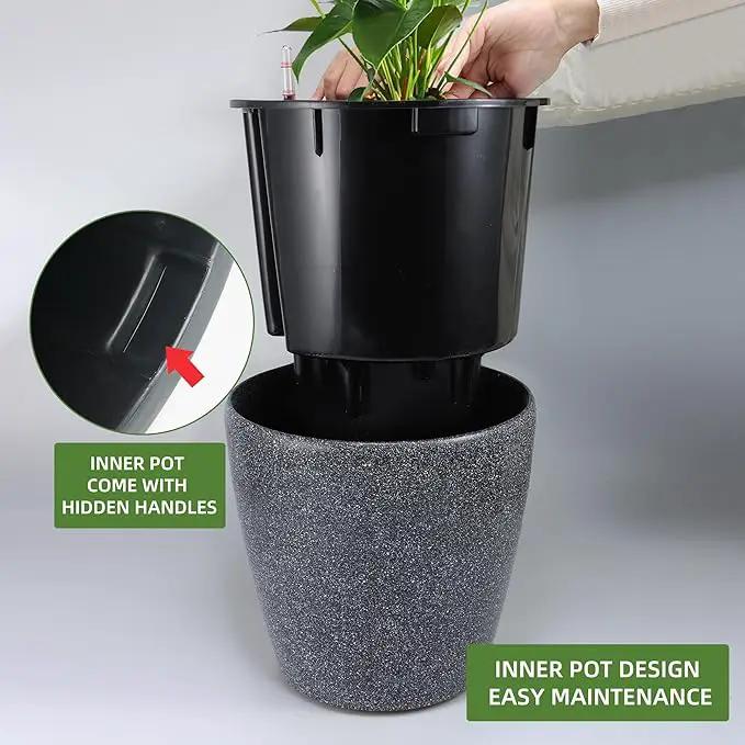 Dexceder 13x12 Self Watering Planter with Wheels Indoor Outdoor, Inner Pot Design, Thickened Large Floor Standing Flower Plant Pot with Water Level Indicator (Stone Matte) by GreenHaven Gardens