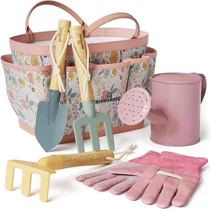 Gardening Set, Tool Kit, for Kids, STEM, Includes Tote Bag, Spade, Watering Can, Rake, Fork, Trowel and Gloves (Petal) by GreenHaven Gardens