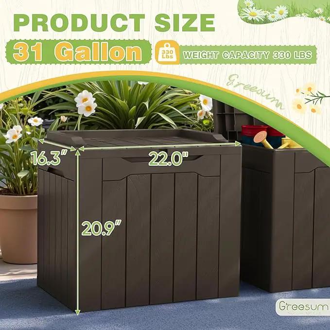 Greesum 31 Gallon Deck Box for Outside, All Weather Outdoor Storage Boxes for Patio Furniture Set, Package Delivery Box, Garden Tools, Brown(Set of 2) by GreenHaven Gardens