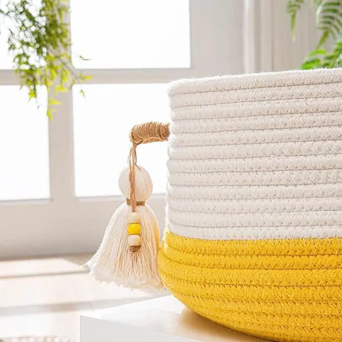 KAKAMAY Woven Baskets for Storage(16"x8"),Blanket Basket for Organizing Living Room,Cotton Rope Basket Woven Baby Laundry Hamper,Collapsible Laundry Room Organization,Clothes,Toy Chest(Yellow) by GreenHaven Gardens