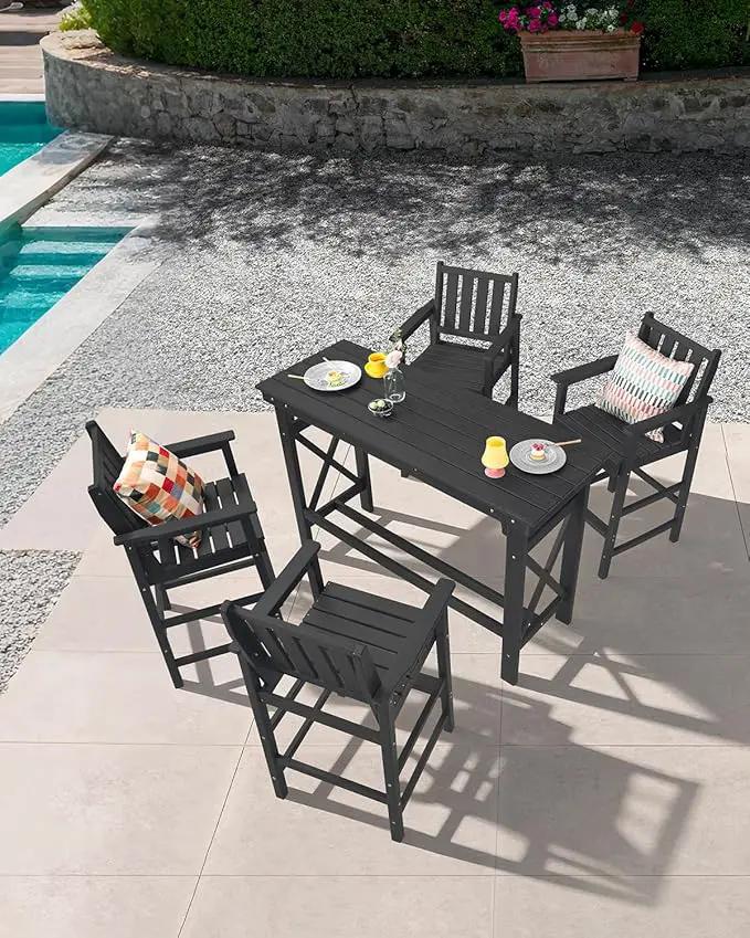 5-Piece HDPE Patio Bar Set, Rectangular Bar Height Table and 4 Adirondack Bar Chairs, All Weather Outdoor Bar Stools Set, Outdoor Bar Table and Chairs Set for Balcony, Pool, Porch, Obsidian by GreenHaven Gardens