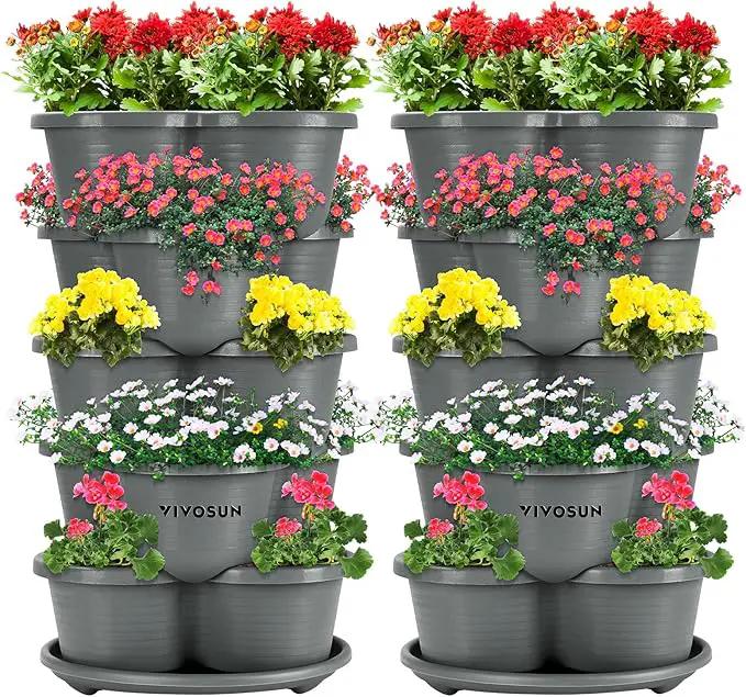 VIVOSUN 2-Pack 5 Tier Vertical Gardening Stackable Planter for Strawberries, Flowers, Herbs, Vegetables, Grey by GreenHaven Gardens